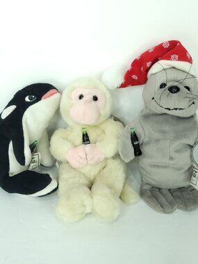Lot of 3 Coca Cola Bean Bag Plush Monkey Walrus Whale